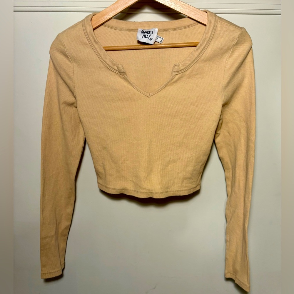 Princess Polly Tan Cream Long Sleeve Fitted CropTop